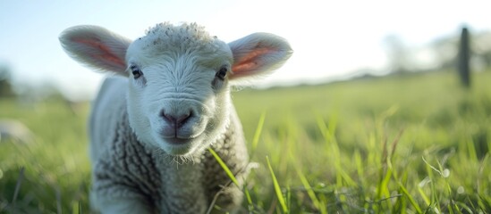 Wall Mural - Adorable Lamb Grazing in a Vibrant Green Field - A Serene Countryside Scene