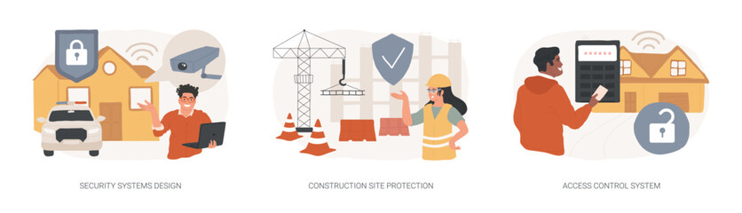 Poster - Security solutions isolated concept vector illustration set. Security systems design, construction site protection, access control system, commercial building, authorize entry vector concept.