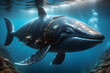 Fantasy on the theme of cryptocurrency whales, a 3D technological pseudo-realistic whale in a technologically modern design. 3D rendering and illustration.