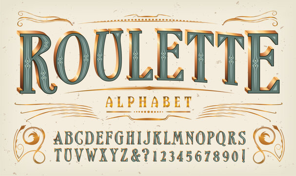 Roulette alphabet; an elegant tall lettering style in sage green and metallic gold tones.