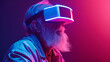 An elderly man wearing virtual reality glasses, immersed in a virtual world, looks fascinated and engaged. Neon light, banner, copy space.