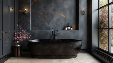 Bathroom Dark black colour. Modern minimalism style bathroom interior in black tones. Luxurious modern dark bathroom. 3d Rendering. Real estate concept. Design concept. Art concept. Decor concept.