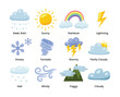 © vesvocrea - Weather icons set collection with cartoon style, suitable for kids children education worksheet, climate cartoon sign. Thunderstorm, rain, sunny day, fog, winter snow, night, rainbow.