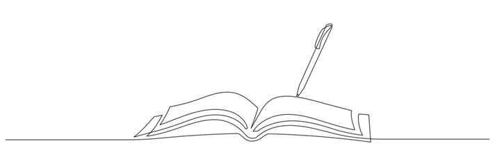 Aufkleber - One continuous line drawing of Opened book with pen. Education in school and library studying in simple linear style. Writing diary in Editable stroke. Doodle outline vector illustration