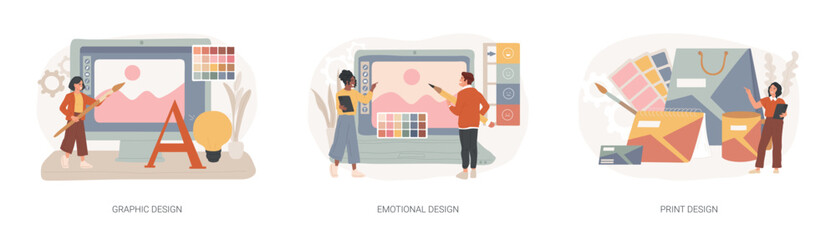 Poster - Design services isolated concept vector illustration set. Graphic and print design, emotional engagement, landing web page, freelance illustrator, user experience, business card vector concept.