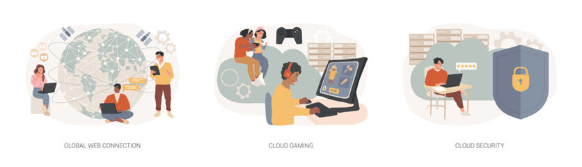 Poster - Global web connection isolated concept vector illustration set. Cloud gaming and security, cyber security engineering, network communication, internet, video streaming online vector concept.