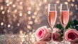 Pink rose champagne glasses close up, bokeh lights background. New year, Valentines day celebration toast festive rose gold blur pink champagne sparkle glitter web banner