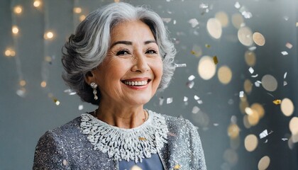 Mother day. Happy beautiful senior mature woman in luxury dress celebtraing New Years Eve party or birthday, event. Stylish grey hair senior exited woman with glitter confetti celebrating new year