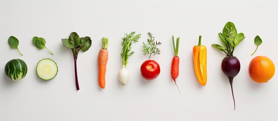 Sticker - A row of assorted fresh vegetables, including carrots, broccoli, peppers, and tomatoes, neatly arranged on a clean white background. Each vegetable is vibrant in color and appealingly displayed.