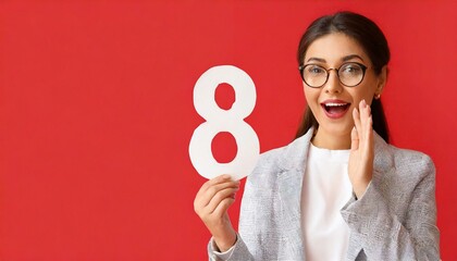 Surprised woman with paper figure 8 on red background with space for text. 