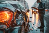 Fototapeta  - A damaged vehicle by the roadside with a person assessing the damage in the rain