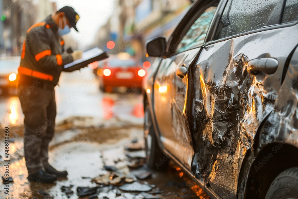 Traffic accident scene with first responder and damaged car Stock Photo ...
