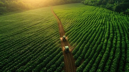 Two tractors working in tandem in a vast green field, showcasing modern agricultural practices and efficiencyConcept of farming, agriculture, and rural industry