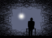 A New Idea Emerges From Confusion. A Man In A Fedora Sits On A Bench Surrounded By Tangles Of Confusion And Complexity And A Bare Bulb For Light In A 3-d Illustration.