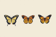Set Of Three Illustrated Butterflies In A Vintage Style Isolated On A Beige Background. Entomology Design Element For Print And Decoration