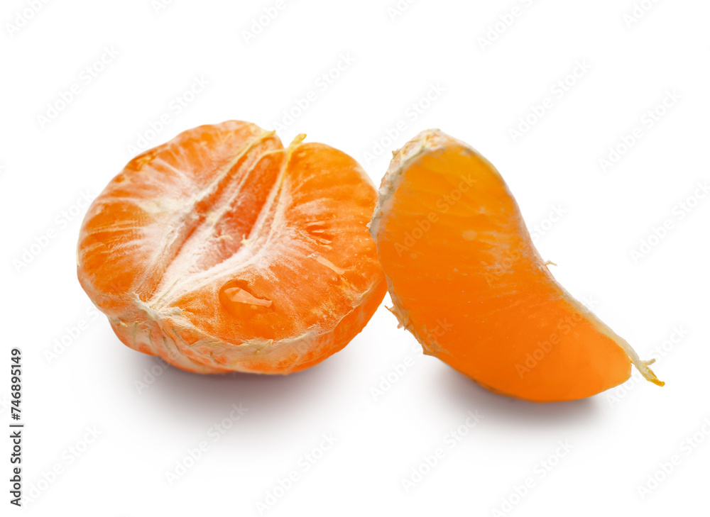 Fresh peeled tangerine on white background