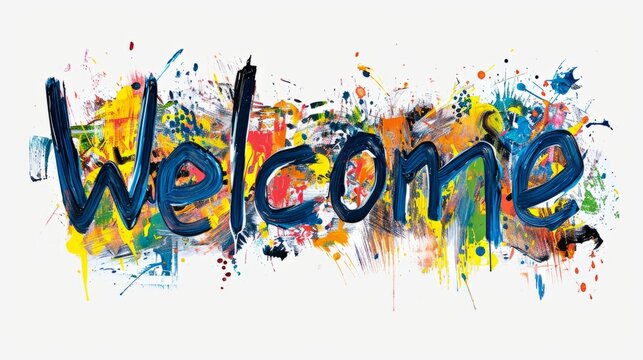 The word Welcome isolated on white background made in Abstract Expressionism style. Decorative lettering of a word Welcome. Creative postcard. Ai Generated Digital art poster.