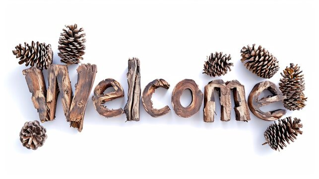 The word Welcome isolated on white background made in Cedar Pinecone Letters style. Decorative lettering of a word Welcome. Creative postcard. Ai Generated Digital art poster.