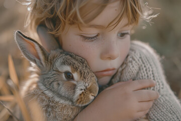 Contemplative Child Holding a Bunny in Nature