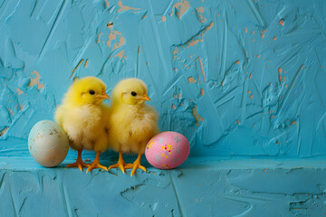 Wall Mural - Easter chicken and eggs on background.