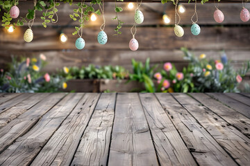 Wall Mural - Wooden deck table background with Easter egg.