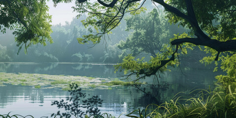 Wall Mural - a large lake is surrounded by trees and green plant, generative AI