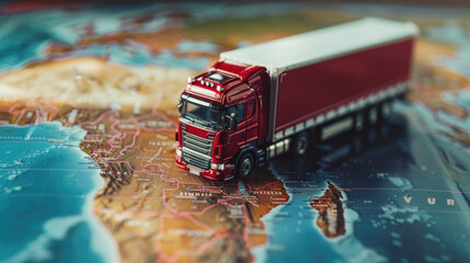 Truck model on world map , transportation of goods between countries on the road concept