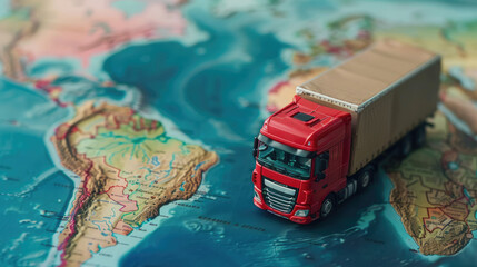 Truck model on world map , transportation of goods between countries on the road concept