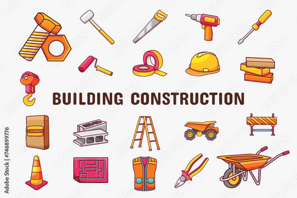Building Construction Lineal Color Vector Illustration Icon Sticker Set ...