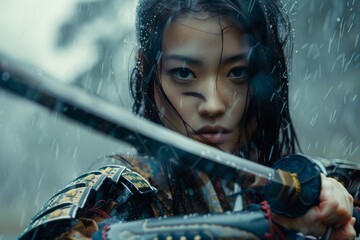 Japanese elegance as a beauty dons the regal attire of a samurai warrior, clutching a gleaming katana amidst a backdrop of darkness.