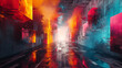 Painting of a city street with a fire and smoke coming out of it