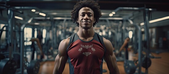 Sticker - A focused African man with dreadlocks is exercising in the gym, doing cardio workouts with weights to stay fit and healthy. He exudes motivation and dedication in his fitness routine.