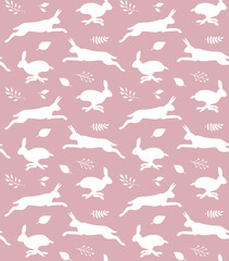 Poster - Vector seamless pattern of Easter bunny silhouette and leaves isolated on pink background