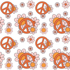 Wall Mural - Vector seamless pattern of groovy peace and flower isolated on white background