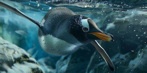 Wall Mural - a penguin is swimming underwater, generative AI