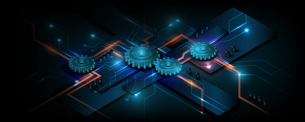 Wall Mural - Technology background image, gear concept, circuit board, future communication network