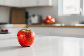 Wall Mural - A modern, minimalist kitchen with a single red apple placed on a white countertop