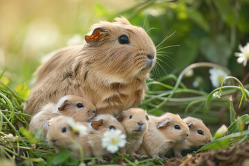 A guinea pig is taking care of her cub, animal and love, familiy concept