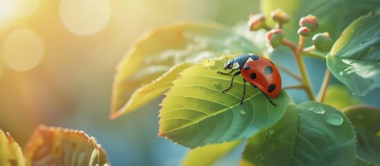 Wall Mural - Macro shot of a ladybird peacefully resting on a green leaf in nature. Serene and vibrant wildlife scene.