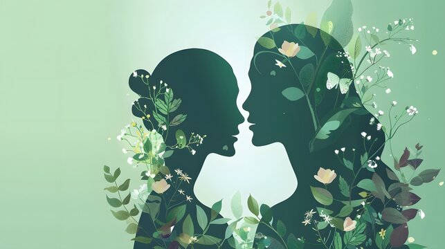 Abstract green background illustration of silhouette of girls for the holiday of International Women's Day and Mother's Day. Composition of flowers and a girl.