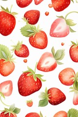 Wall Mural - Falling juicy ripe strawberries with green leaves on a white background. Watercolor illustration for advertising juices, desserts, pastries.