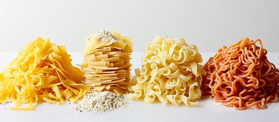 Wall Mural - Four types of pasta are piled high like a skyscraper on a table, showcasing the diversity of ingredients, recipes, and cuisines in the world of food.