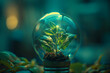 Young plant is growing in light bulb. Renewable, Ecology, Earth Day, Sustainable development, green energy, ESG, Credit Carbon and Green business concept.