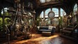 Interior design of a steampunk home, wallpaper format.