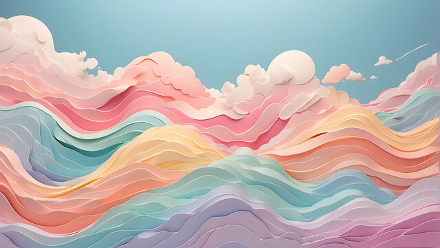 Colorful abstract wavy papercut layers background. Soft pastel background