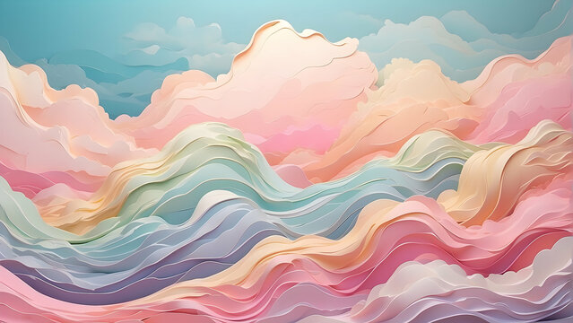 Colorful abstract wavy papercut layers background. Soft pastel background