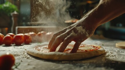 Wall Mural - In Restaurant Professional Chef Preparing Pizza, Using Flour, Kneading Dough, Traditional Family Recipe. Authentic Pizzeria, Cooking Delicious Organic Food. Cinematic Focus on Hands Shot