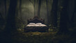 A surreal image of an unmade bed in the middle of a dense forest. Symbolic.