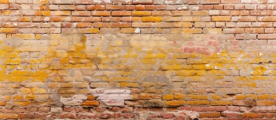 Wall Mural - An old brick wall with a rough texture and a faded yellow paint finish. The weathered surface shows signs of wear and tear, with the paint chipping in several places.