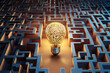 Inspiring 3D brain maze with light bulb symbolizing creativity, success, and innovation. Perfect for conceptual designs. SEO-optimized.